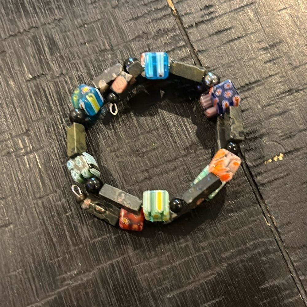Stone Millefiori Beaded Bead Wire Wrap Bracelet Colorful Retro